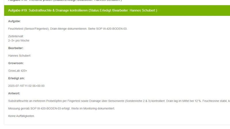 Erledigte Growroom-Aufgabe im 420+ Portal mit Details zur Substratfeuchte- und Drainagemessung, SOP-Verweis und Bearbeiterinformation