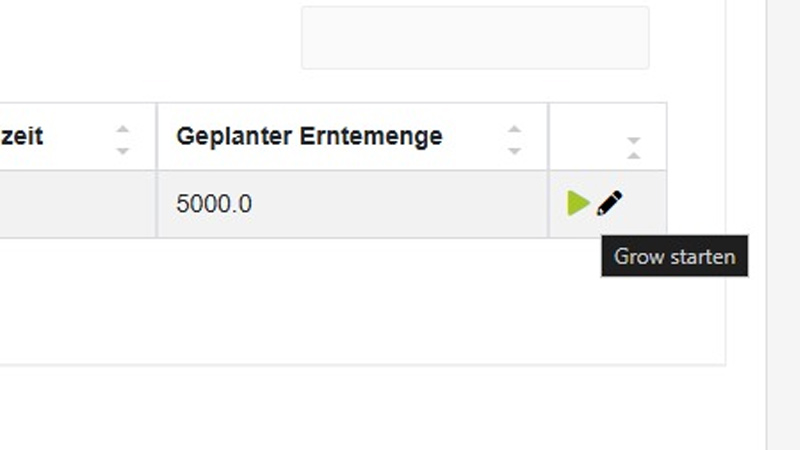 Symbolische Schaltfläche „Grow starten“ im 420+ Growroom-Modul: Startzeitpunkt eines dokumentierten Growzyklus mit Blockchain-Zeitstempel und revisionssicherer Protokollierung.