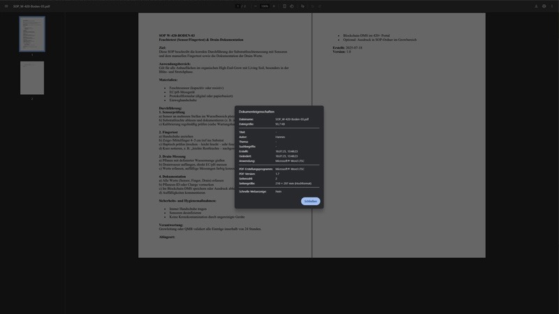 Screenshot der Metadatenansicht eines Dokuments (SOP) im DMS des 420+ Portals, mit Angaben zu Version, Autor, Dateipfad, Bearbeitungszeit und Revisionssperre.